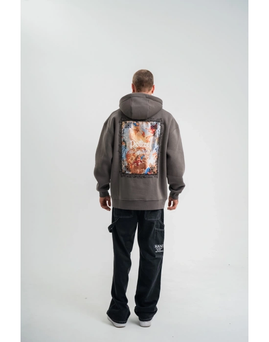 Erkek Double Oversize Kapüşonlu Sweatshirt 3 İplik Pamuklu Göğüs Nakışlı Premium Kalite – Antrasit