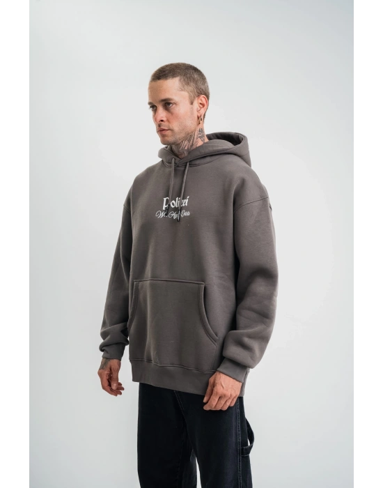 Erkek Double Oversize Kapüşonlu Sweatshirt 3 İplik Pamuklu Göğüs Nakışlı Premium Kalite – Antrasit