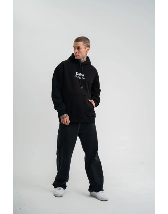 Erkek Double Oversize Kapüşonlu Sweatshirt 3 İplik Pamuklu Göğüs Nakışlı Premium Kalite – Siyah