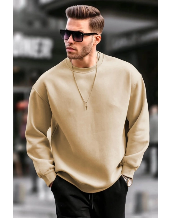 Erkek Düz Bisiklet Yaka Sweat - Bej