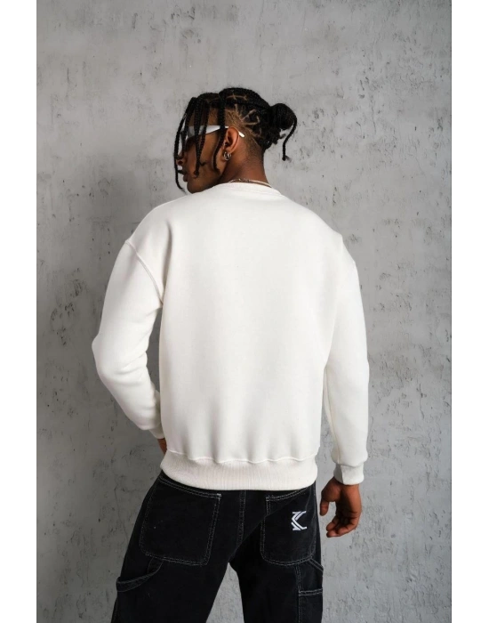 Erkek Düz Bisiklet Yaka Sweat - Beyaz