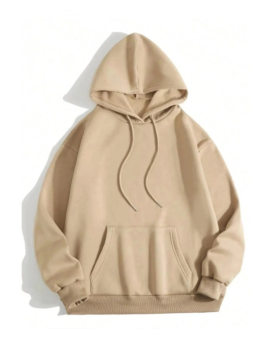 Erkek Düz Kapüşonlu Sweat - Bej