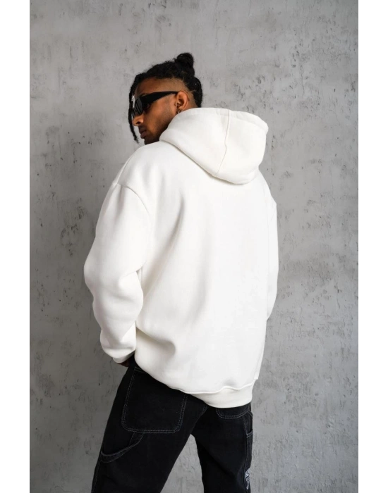 Erkek Düz Kapüşonlu Sweat - Beyaz