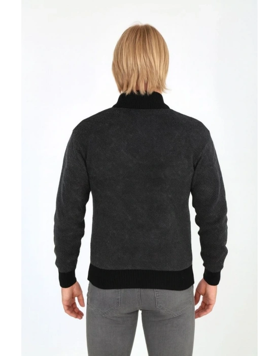 Erkek Fermuarlı Triko Hırka Yüksek Yaka, Cepli, Günlük Şık Rahat Kalıp Triko - Siyah