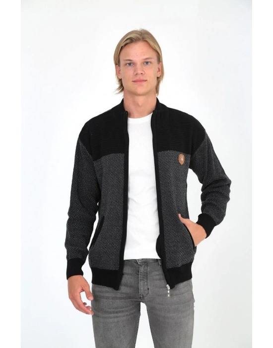 Erkek Fermuarlı Triko Hırka Yüksek Yaka, Cepli, Günlük Şık Rahat Kalıp Triko - Siyah