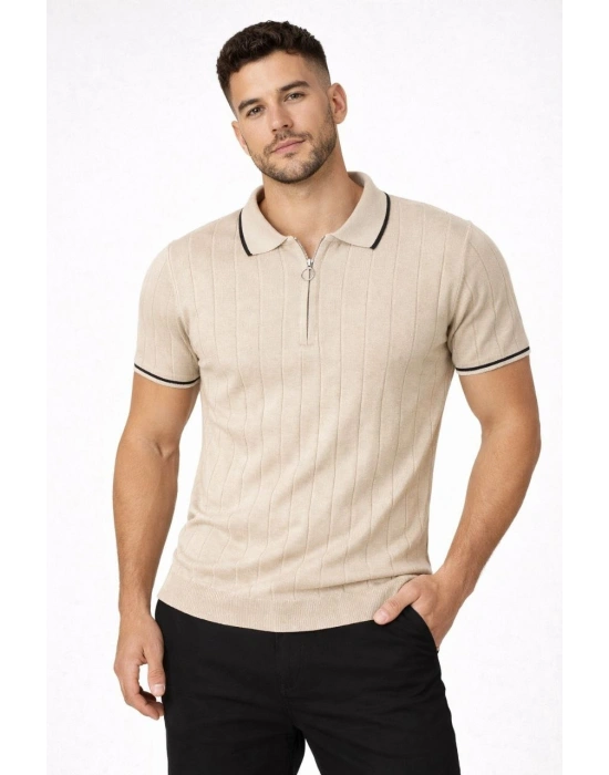 Erkek Fermuarlı Yaka Fitilli Triko Kısa Kollu Regular Fit Tişört T-shirt - Bej