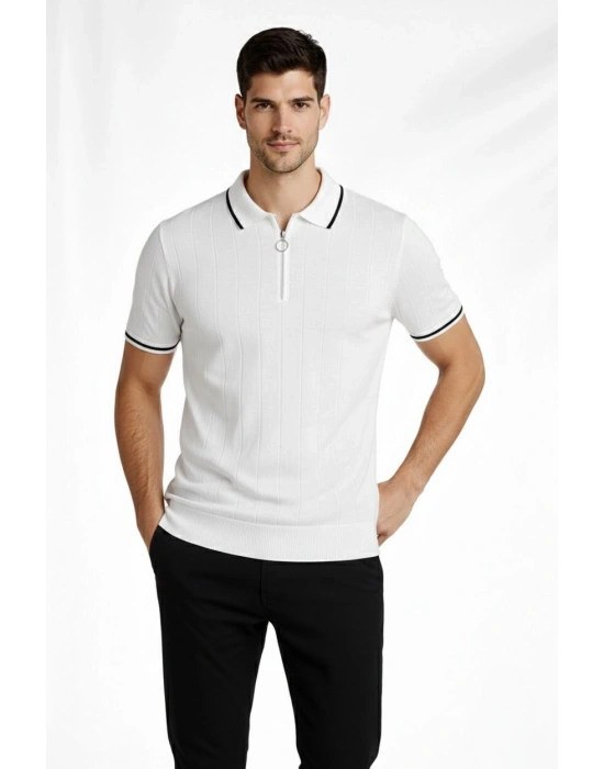 Erkek Fermuarlı Yaka Fitilli Triko Kısa Kollu Regular Fit Tişört T-shirt - Beyaz