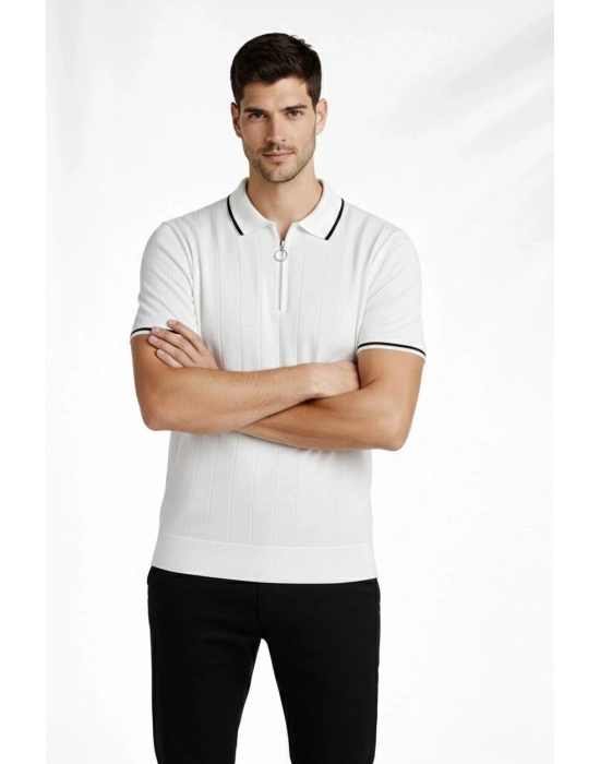 Erkek Fermuarlı Yaka Fitilli Triko Kısa Kollu Regular Fit Tişört T-shirt - Beyaz
