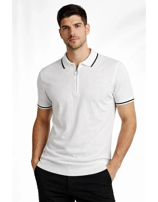 Erkek Fermuarlı Yaka Fitilli Triko Kısa Kollu Regular Fit Tişört T-shirt - Beyaz