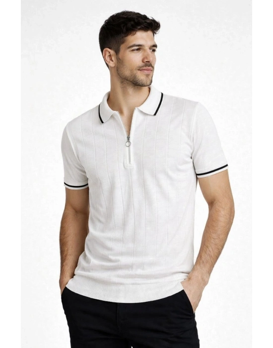 Erkek Fermuarlı Yaka Fitilli Triko Kısa Kollu Regular Fit Tişört T-shirt - Beyaz
