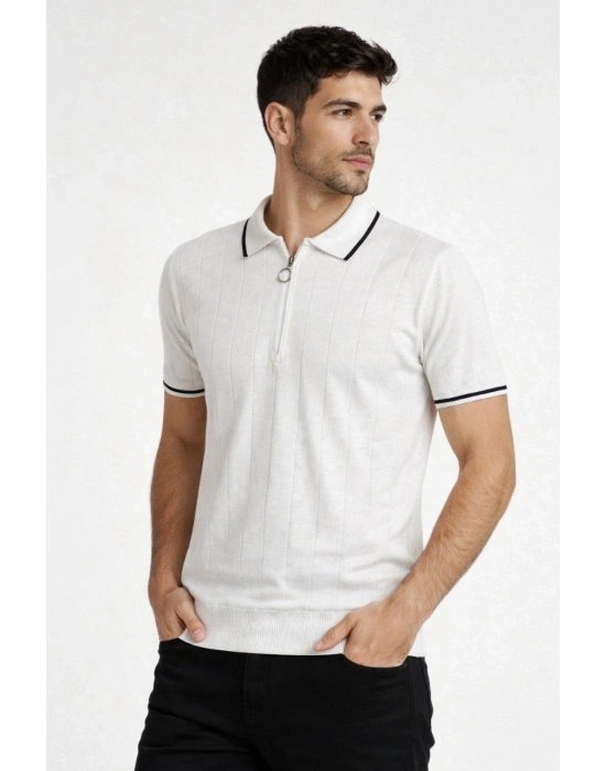 Erkek Fermuarlı Yaka Fitilli Triko Kısa Kollu Regular Fit Tişört T-shirt - Beyaz