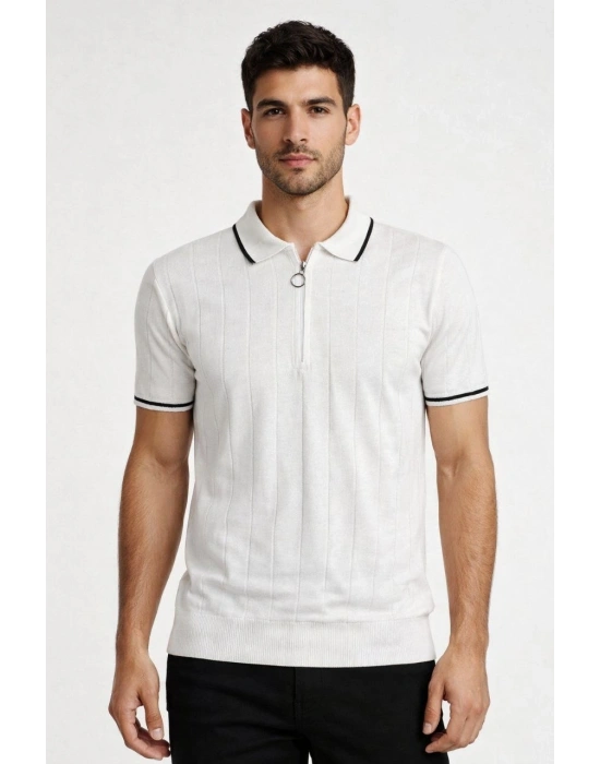 Erkek Fermuarlı Yaka Fitilli Triko Kısa Kollu Regular Fit Tişört T-shirt - Beyaz