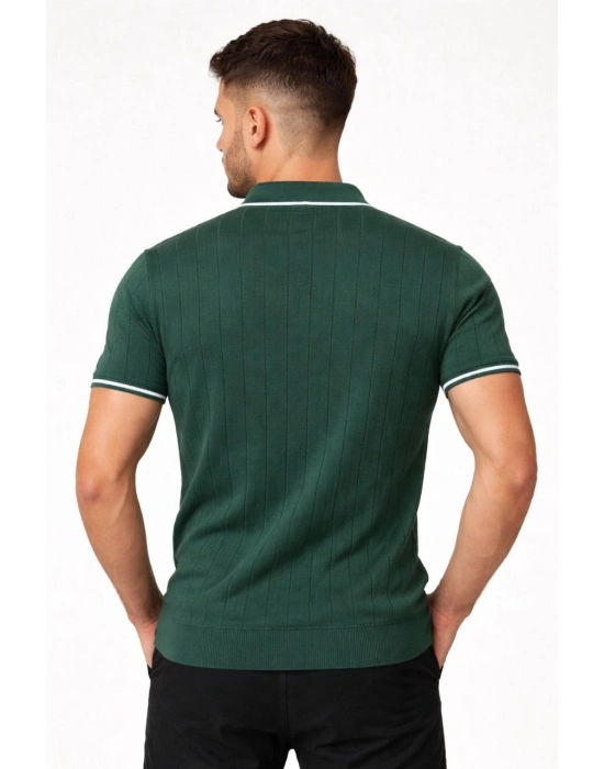 Erkek Fermuarlı Yaka Fitilli Triko Kısa Kollu Regular Fit Tişört T-shirt - Yeşil