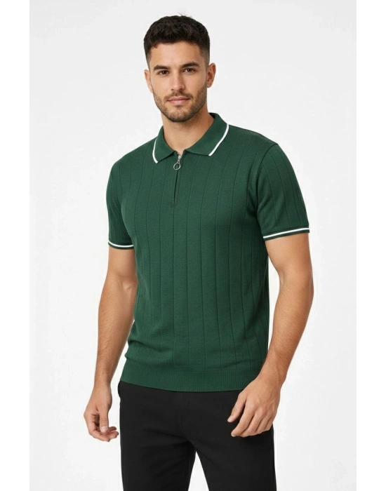 Erkek Fermuarlı Yaka Fitilli Triko Kısa Kollu Regular Fit Tişört T-shirt - Yeşil