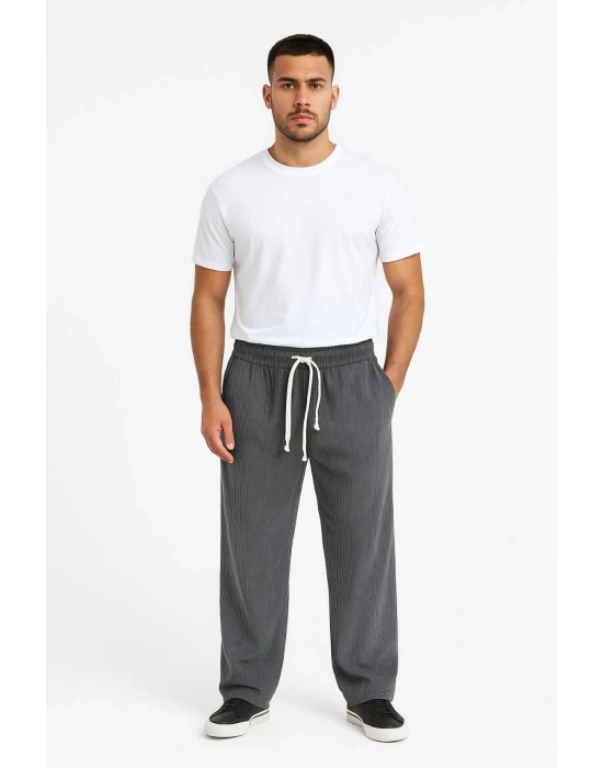 Erkek Fitilli Kadife Cepli Buggy Pantolon Oversize Rahat Kalıp - Füme