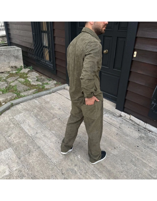 Erkek Fitilli Kadife Cepli Buggy Pantolon Oversize Rahat Kalıp - Haki