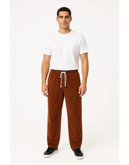 Erkek Fitilli Kadife Cepli Buggy Pantolon Oversize Rahat Kalıp - Kahverengi