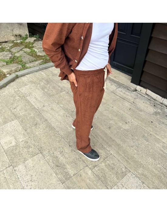 Erkek Fitilli Kadife Cepli Buggy Pantolon Oversize Rahat Kalıp - Kahverengi