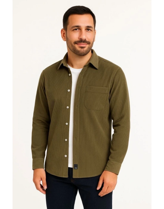 Erkek Fitilli Kadife Cepli Gömlek Oversize Rahat Kalıp - Haki