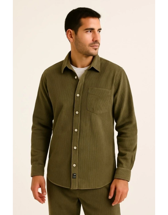 Erkek Fitilli Kadife Cepli Gömlek Oversize Rahat Kalıp - Haki
