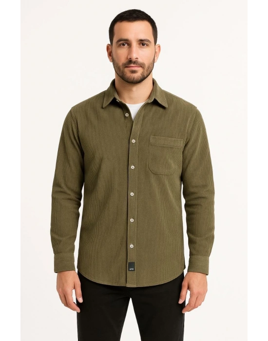 Erkek Fitilli Kadife Cepli Gömlek Oversize Rahat Kalıp - Haki
