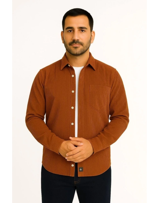 Erkek Fitilli Kadife Cepli Gömlek Oversize Rahat Kalıp - Kahverengi