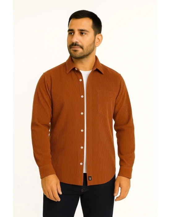 Erkek Fitilli Kadife Cepli Gömlek Oversize Rahat Kalıp - Kahverengi