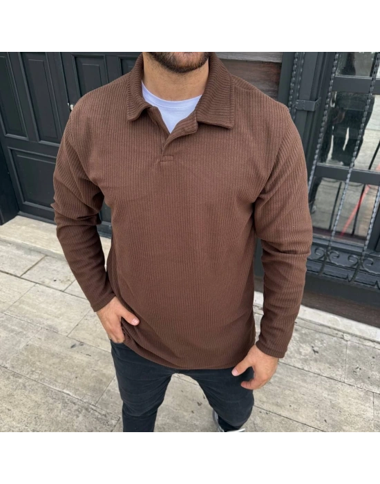 Erkek Fitilli Polar Sweatshirt – Düğmesiz Polo Yaka, Oversize Rahat Kalıp, Kalın Polar Kumaş, Kışlık ve Baharlık Şık Günlük Üst - Kahverengi