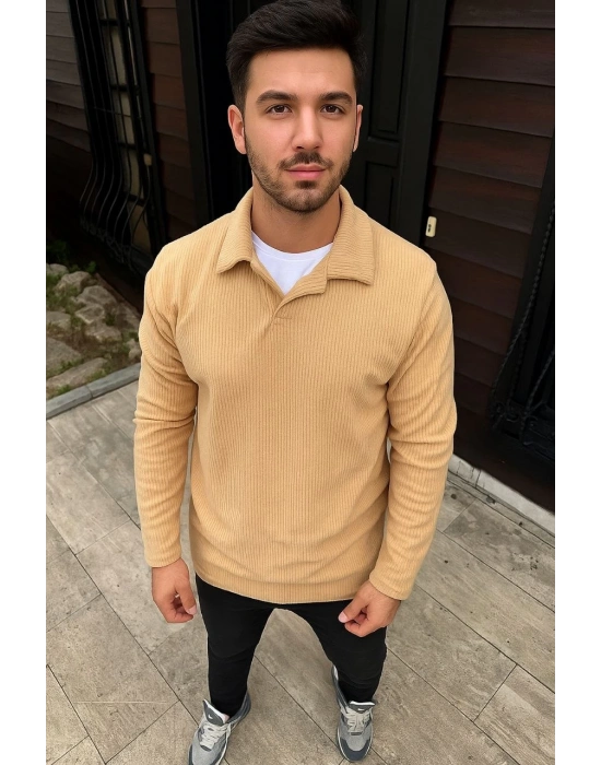 Erkek Fitilli Polar Sweatshirt – Düğmesiz Polo Yaka, Oversize Rahat Kalıp, Kalın Polar Kumaş, Kışlık ve Baharlık Şık Günlük Üst - Bej