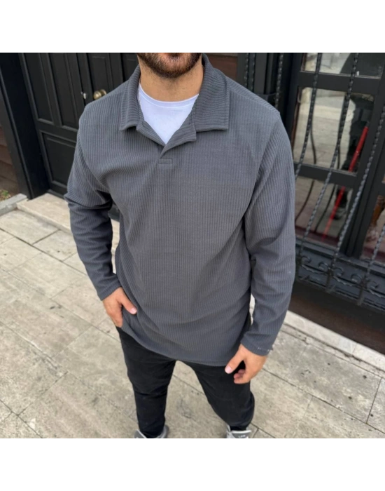 Erkek Fitilli Polar Sweatshirt – Düğmesiz Polo Yaka, Oversize Rahat Kalıp, Kalın Polar Kumaş, Kışlık ve Baharlık Şık Günlük Üst - Füme