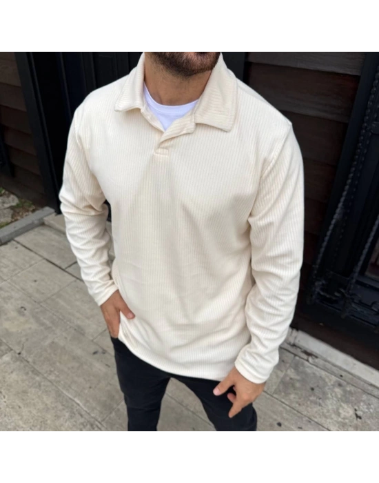 Erkek Fitilli Polar Sweatshirt – Düğmesiz Polo Yaka, Oversize Rahat Kalıp, Kalın Polar Kumaş, Kışlık ve Baharlık Şık Günlük Üst - Beyaz