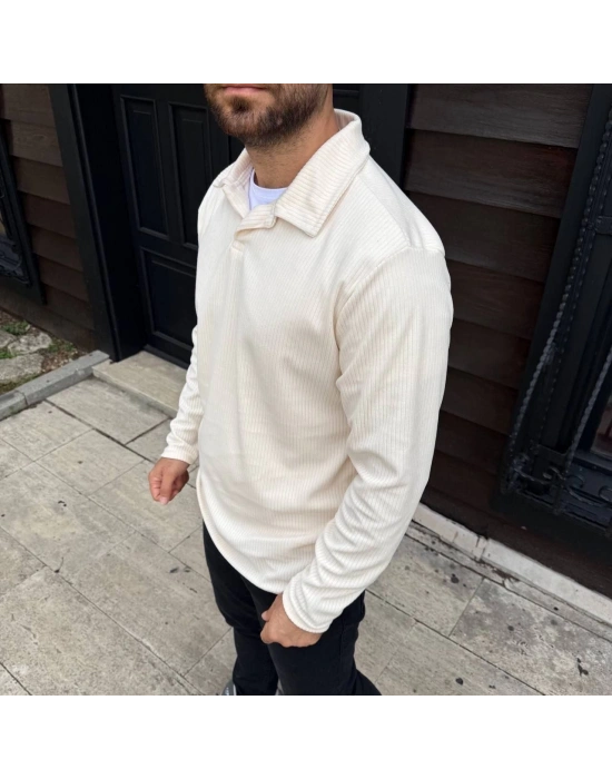 Erkek Fitilli Polar Sweatshirt – Düğmesiz Polo Yaka, Oversize Rahat Kalıp, Kalın Polar Kumaş, Kışlık ve Baharlık Şık Günlük Üst - Beyaz