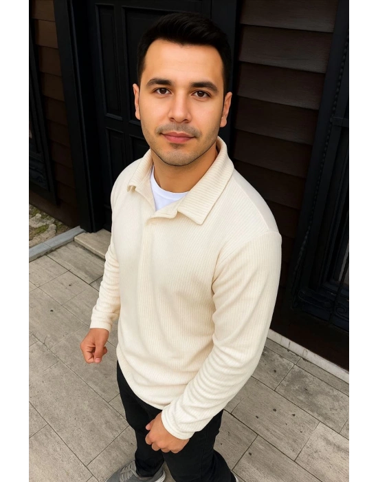 Erkek Fitilli Polar Sweatshirt – Düğmesiz Polo Yaka, Oversize Rahat Kalıp, Kalın Polar Kumaş, Kışlık ve Baharlık Şık Günlük Üst - Beyaz