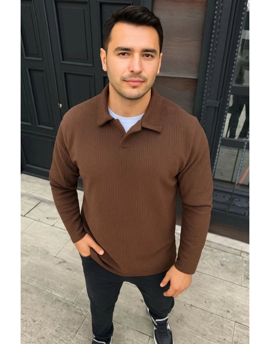 Erkek Fitilli Polar Sweatshirt – Düğmesiz Polo Yaka, Oversize Rahat Kalıp, Kalın Polar Kumaş, Kışlık ve Baharlık Şık Günlük Üst - Kahverengi