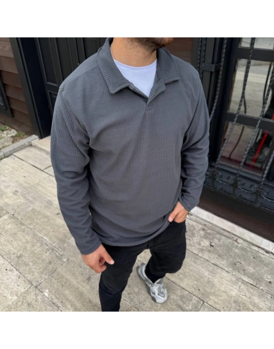 Erkek Fitilli Polar Sweatshirt – Düğmesiz Polo Yaka, Oversize Rahat Kalıp, Kalın Polar Kumaş, Kışlık ve Baharlık Şık Günlük Üst - Füme