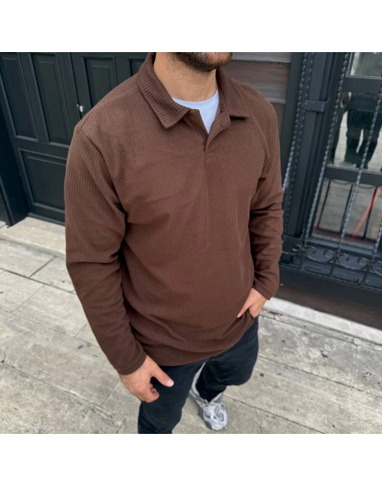 Erkek Fitilli Polar Sweatshirt – Düğmesiz Polo Yaka, Oversize Rahat Kalıp, Kalın Polar Kumaş, Kışlık ve Baharlık Şık Günlük Üst - Kahverengi