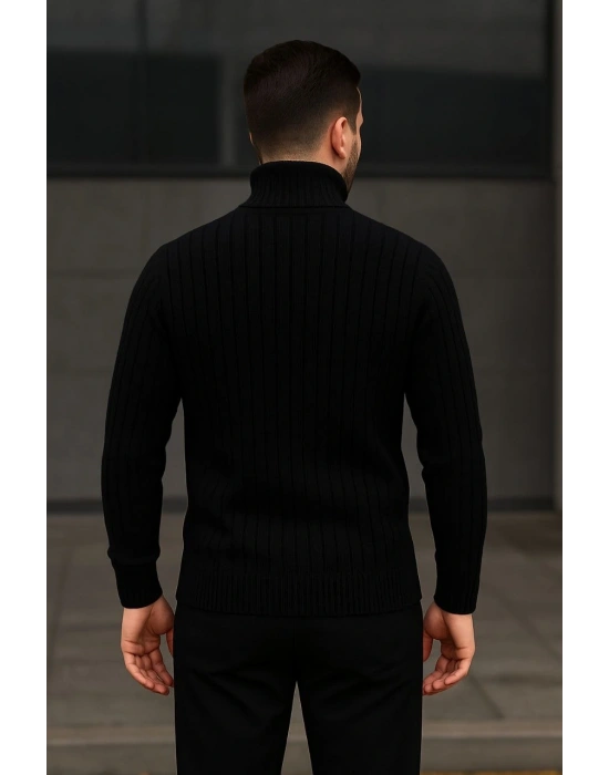 Erkek Fitilli Triko Kazak 2li Set Bej Siyah Regular Balıkcı Yaka Tam Boğazlı Triko Seti Modeli Kazak