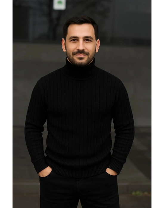 Erkek Fitilli Triko Kazak 2li Set Bej Siyah Regular Balıkcı Yaka Tam Boğazlı Triko Seti Modeli Kazak