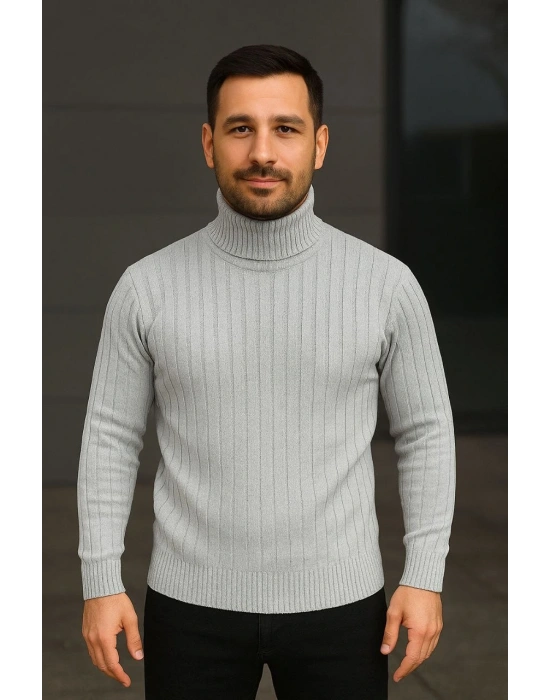 Erkek Fitilli Triko Kazak 2li Set Gri Siyah Regular Balıkcı Yaka Tam Boğazlı Triko Seti Modeli Kazak