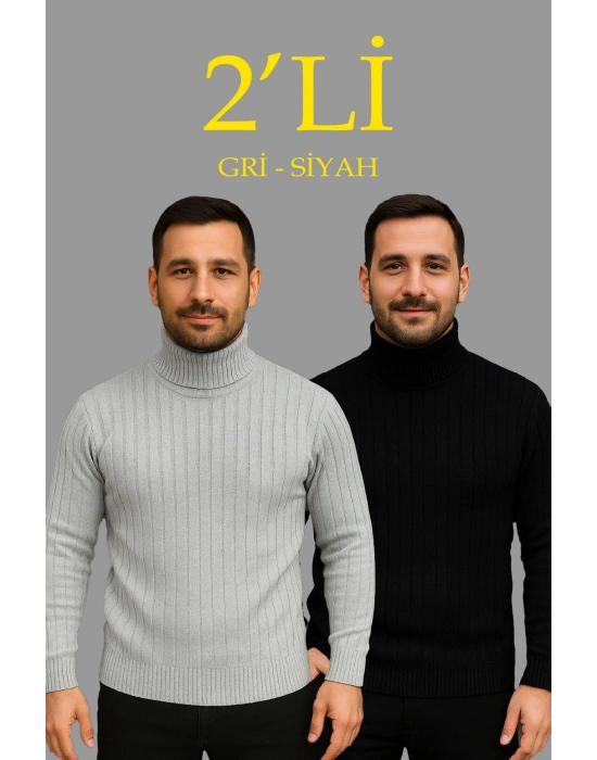 Erkek Fitilli Triko Kazak 2li Set Gri Siyah Regular Balıkcı Yaka Tam Boğazlı Triko Seti Modeli Kazak