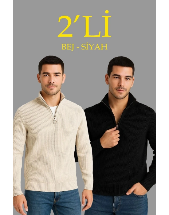 Erkek Fitilli Triko Kazak 2’li Set – Siyah & Bej Kalın Dokuma Pamuklu Regular Fit V Yaka Fermuarlı Uzun Kollu Rahat Kışlık Kazak Kombini