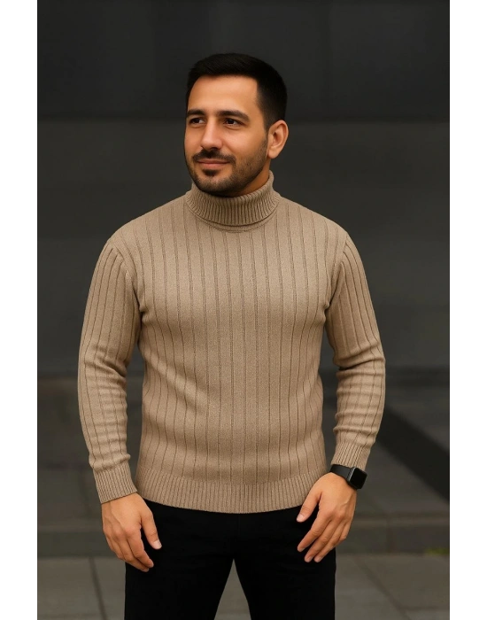 Erkek Fitilli Triko Kazak 3lÜ Set Bej Haki Siyah Regular Balıkcı Yaka Tam Boğazlı Triko Seti Modeli Kazak