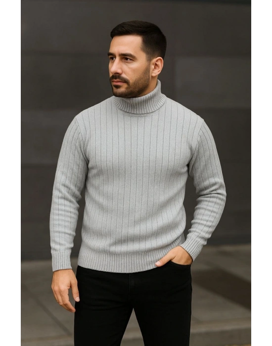 Erkek Fitilli Triko Kazak 3lÜ Set Gri Haki Siyah Regular Balıkcı Yaka Tam Boğazlı Triko Seti Modeli Kazak