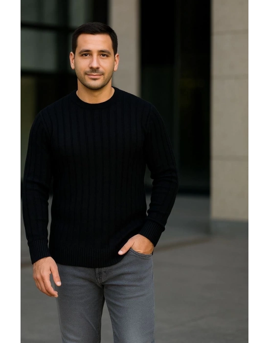 Erkek Fitilli Triko Kazak 3lü Set Gri Haki Siyah Regular Fit Bisiklet Yaka Triko Seti Modeli Kazak