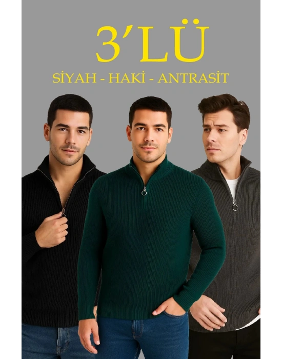 Erkek Fitilli Triko Kazak 3’lü Set – Haki, Siyah, Antrasit Kalın Dokuma Pamuklu Regular Fit V Yaka Fermuarlı Uzun Kollu Rahat Kışlık Kazak Kombini