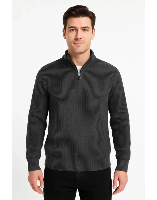 Erkek Fitilli Triko Kazak 3’lü Set – Haki, Siyah, Antrasit Kalın Dokuma Pamuklu Regular Fit V Yaka Fermuarlı Uzun Kollu Rahat Kışlık Kazak Kombini