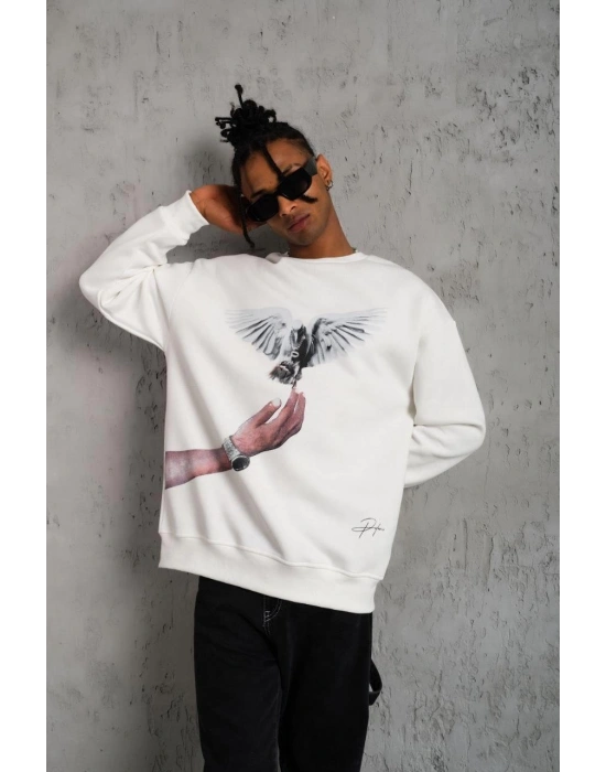Erkek Güvercin Baskılı Sweatshirt - Beyaz