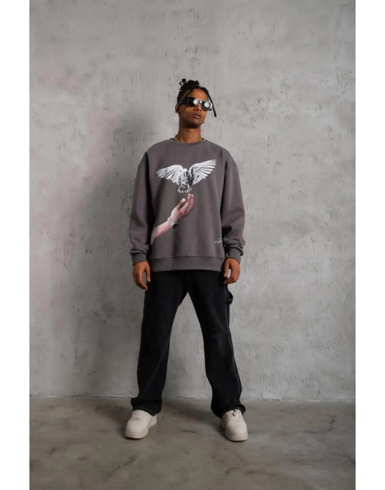 Erkek Güvercin Baskılı Sweatshirt - Gri