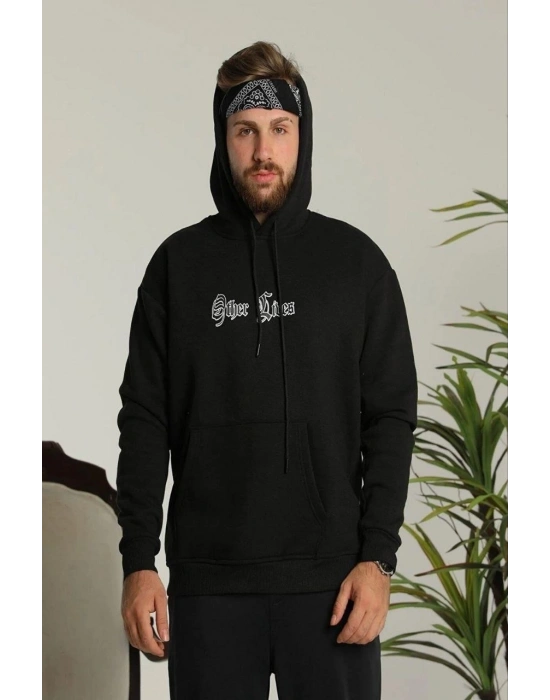 Erkek Kapşonlu Sweatshirt – Oversize Üç İplik Şardonlu Hoodie, “Other Lives” Ön & Arka Baskılı, Kanguru Cepli, Kışlık Rahat Günlük Stil - Siyah