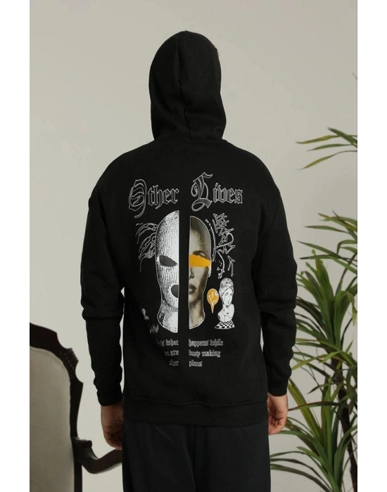 Erkek Kapşonlu Sweatshirt – Oversize Üç İplik Şardonlu Hoodie, “Other Lives” Ön & Arka Baskılı, Kanguru Cepli, Kışlık Rahat Günlük Stil - Siyah